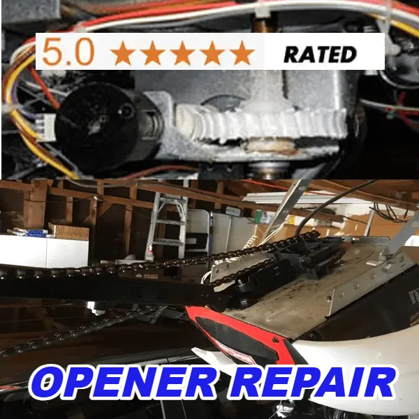 Garage door opener repair in Hayward, CA: a worn drive gear and a chain drive opener